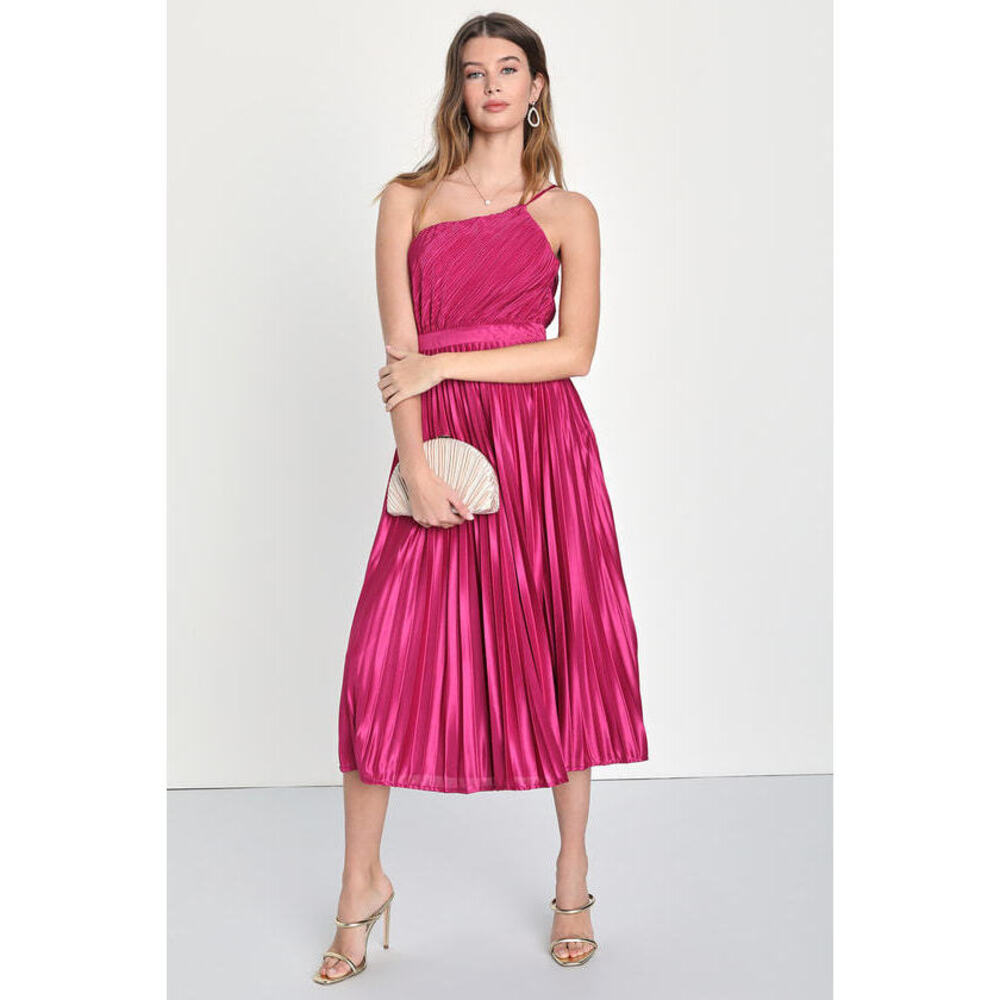 Lulus Alluring Marvel Magenta Pleated Satin One-shoulder Midi Dress Pink